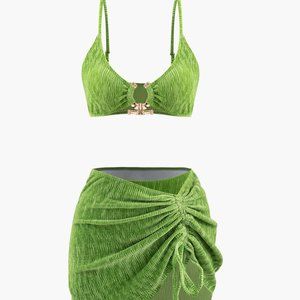 Velvet Textured U-ring Bikini And Sarong 3pc Set